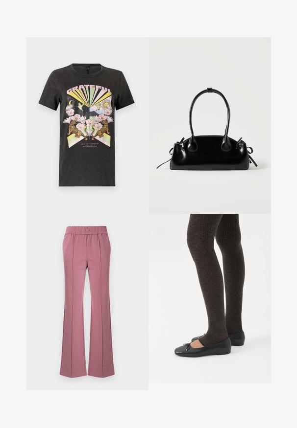 Sort bomulds t-shirt med et farverigt grafisk design med tigre, blomster og geometriske former. Teksten "GRATEFUL" er fremtrædende.; Buksers med vidde i en støvet rosa farve, lavet af blødt stof. Har en elastisk talje og diskrete læg foran.; Ben iført mørke ribbede leggings kombineret med sorte balletsko med små sløjfedetaljer på hvid baggrund.; Lille sort blank håndtaske med to lange håndtag og snøre-detaljer i siden på en ensfarvet lys baggrund.