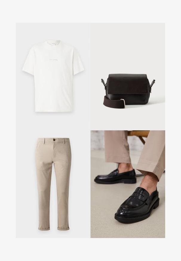 Hvid bomulds T-shirt med rund hals, korte ærmer og et lille trykt logo på forsiden. Glat tekstur og afslappet pasform.; Jack & Jones JPSTMARCO FURY NOOS - Chino - atmosphere; Sorte lædermokkasiner med en glat overflade, der har en dekorativ rem og kontraststing, parret med beige bukser.; Mørkebrun lædertaske med flaplukning og justerbar stofrem på hvid baggrund.