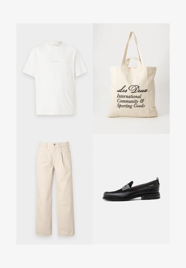 Weißes Baumwoll-T-Shirt mit Rundhalsausschnitt, kurzen Ärmeln und einem kleinen Logo-Aufdruck auf der Vorderseite. Glatte Textur und lässige Passform.; Beige weit geschnittene Hose mit hoher Taille, Frontfalten, einem vorderen Knopfverschluss und einem glatten Baumwollstoff.; Schwarzer Lederloafer mit grauem Riemendetail, niedrigem Absatz und strukturierter Sohle, seitlich mit „HUGO“ in Gold gebrandmarkt.; Beige Baumwolltragetasche mit zwei stabilen Tragegriffen. Mit schwarzem Drucktext: "Les Deux International Community & Sporting Goods."
