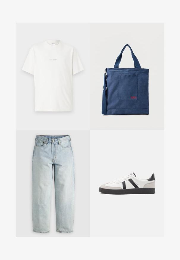 Witte katoenen t-shirt met een ronde hals, korte mouwen en een klein gedrukt logo aan de voorkant. Gladtextuur en een ontspannen pasvorm.; Lichtblauwe denim jeans met een rechtBeen, vijf zakken en een knoopsluiting; heeft vervaagde gebieden en subtiele stikdetails.; Witte sneaker met zwarte en grijze accenten, voorzien van een grijze neus met textuur, zwarte rubberen zool en platte witte veters. Schoon ontwerp, minimalistische stijl.; Blauwe canvas tas met voorvak en rode "O.N.S" borduring, voorzien van dubbele handvatten en een verstelbare schouderriem.