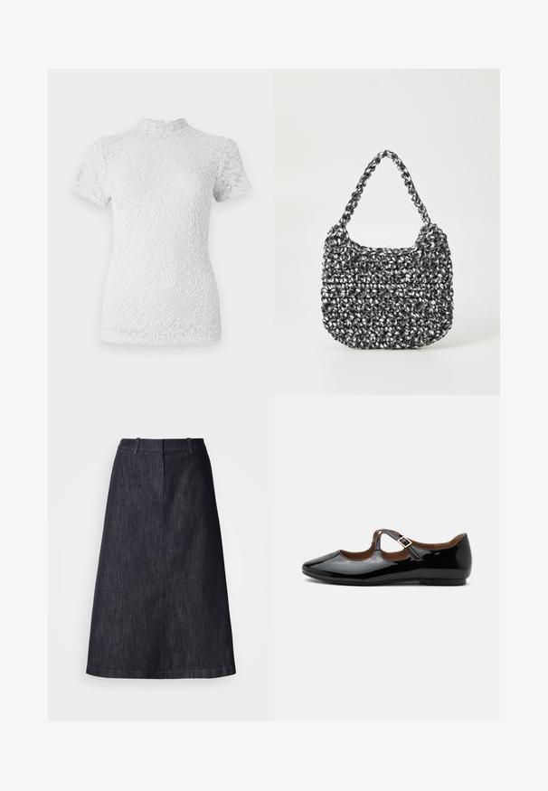 Hvid bluse i blonder med korte ærmer og en høj, scallop-formet halsudskæring. Blomster mønster hele vejen igennem, semi-gennemsigtigt stof med en struktureret overflade.; Mørk denim A-linje nederdel med en mellemlang længde, der har en glat tekstur og en simpel talje uden synlige lukninger.; Sort laklæder Mary Jane-flad sko med to udskæringer og en guldbuckelrem på hvid baggrund.; Vævet håndtaske i sort og hvid med en rund form, tekstureret overflade og et fletet håndtag. Velegnet til afslappet brug.