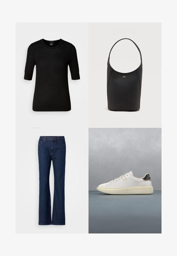 Pull noir à manches courtes en laine mérino fine. Encolure ronde, coupe ajustée, texture lisse, design minimal, sans motifs ni accents visibles.; Jean en denim bleu évasé avec taille haute, dotés d'une texture lisse, d'une fermeture à bouton en métal et d'un design à cinq poches.; Basket blanche avec un upper en cuir lisse, dotée d'une languette de talon en cuir beige et noir, de lacets ronds et d'une semelle en caoutchouc beige épaisse. Détail du logo doré.; Sac seau en cuir noir avec une seule bandoulière et un petit logo BOSS doré centré près du haut à l'avant.