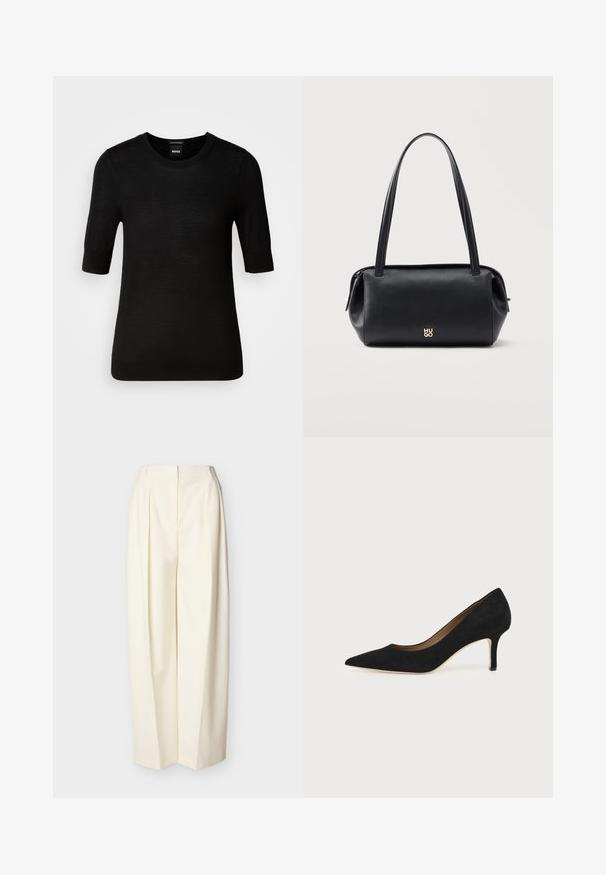 Pull noir à manches courtes en laine mérino fine. Encolure ronde, coupe ajustée, texture lisse, design minimal, sans motifs ni accents visibles.; Pantalon crème à taille haute et jambes larges avec plis devant, fermeture éclair avant dissimulée et passants pour ceinture.; Escarpin en daim noir à bout pointu avec un talon stiletto fin de hauteur moyenne et un design à coupe basse sur un fond uni.; Sac bandoulière rectangulaire en cuir noir avec longues bretelles et petit logo doré "HUGO" au centre devant.