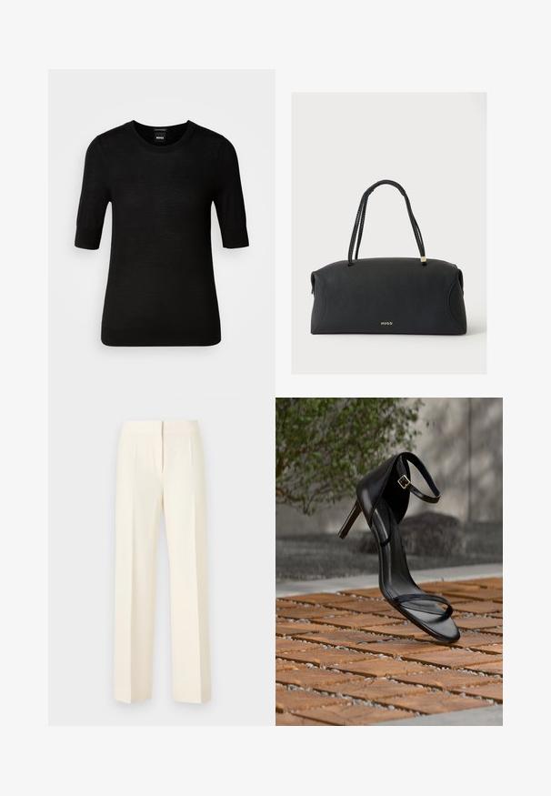Čierny krátky rukáv sveter vyrobený z jemnej merinovej vlny. Okrúhly výstrih, priliehavý strih, hladká textúra, minimalistický dizajn, bez viditeľných vzorov alebo akcentov.; Béžové, na mieru šité nohavice so rovnými nohavicami, predným záhybom, pásom a skrytým predným zapínaním na jednoduchom pozadí.; Čierna sandála na vysokom podpätku s remienkom okolo členka sa zdá byť zavesená nad drevenou dlažbou vonku s rozmazaným zeleným porastom a kamenným pozadím.; Čierna obdĺžniková kabelka s pletenými dvojitými rúčkami a zlatým logom "HUGO" v strede prednej časti na bielom pozadí.