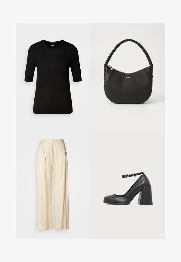 Suéter negro de manga corta hecho de fina lana merina. Cuello redondo, corte ajustado, textura suave, diseño minimalista, sin patrones o acentos visibles.; Pantalones de seda crema de tiro alto con pliegues, piernas anchas y cierre frontal oculto con cremallera sobre un fondo blanco liso.; Zapato de piel negra con tacón alto, punta redondeada y tacón grueso en bloque, con una correa ajustable en el tobillo con una pequeña hebilla redonda.; Bolso de mano de piel negra con forma redondeada y un único asa superior. Presenta un cierre de cremallera y un sutil logo dorado en la parte frontal.