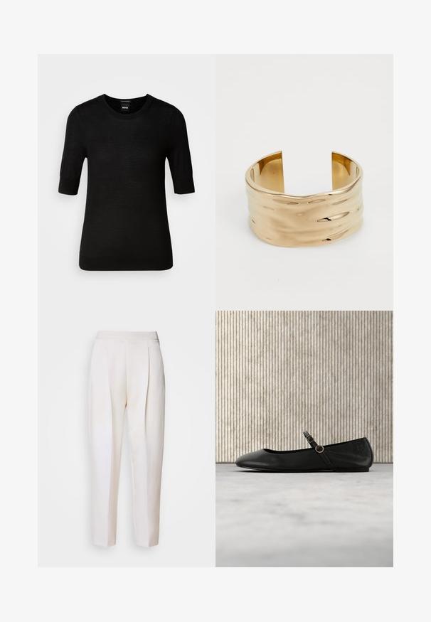 Zwarte short-sleeve trui gemaakt van fijne merino wol. Ronde halslijn, slim fit, gladde textuur, minimalistisch design, geen zichtbare patronen of accenten.; Crème-kleurige op maat gemaakte broeken met een gladde textuur, voorzien van voorste plooien en een gestroomlijnd ontwerp. Geen zichtbare zakken of hardware.; Zwarte leren ballerinas met een ronde neus, voorzien van een dunne band en gouden ronde gespen. Glad oppervlak en minimalistisch ontwerp.; Gouden armband met een golvend ontwerp, gladde textuur en open uiteinden. De reflecterende oppervlakte toont zachte krommingen en subtiele lichtreflecties.