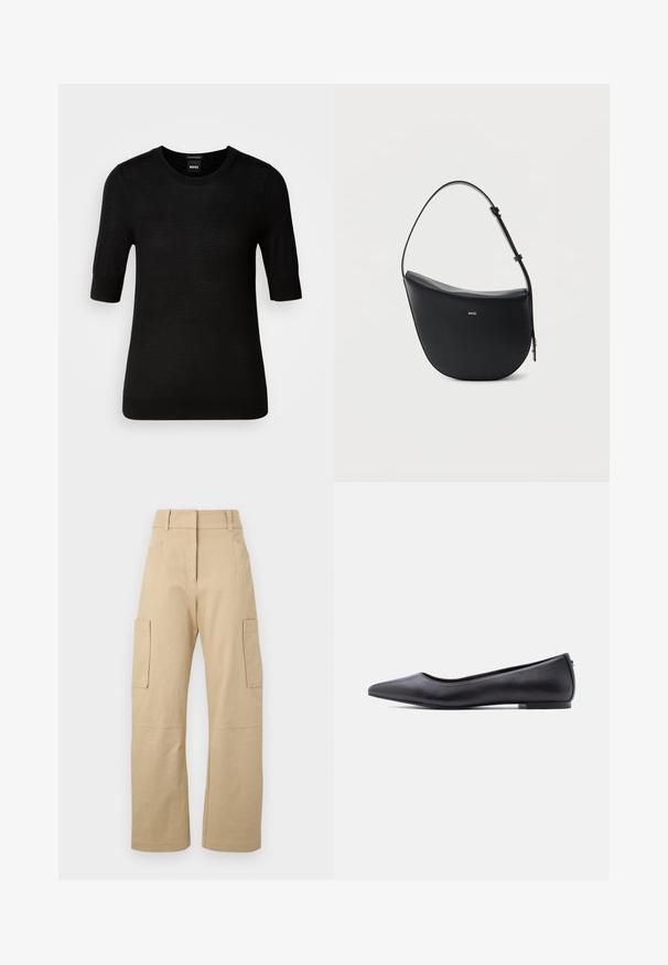 Pull noir à manches courtes en laine mérino fine. Encolure ronde, coupe ajustée, texture lisse, design minimal, sans motifs ni accents visibles.; Pantalons cargo beiges en coton, avec une taille haute, des jambes larges, deux poches latérales et deux grandes poches cargo sur les cuisses.; Chaussure plate en cuir noire à bout pointu avec petit talon, vue de profil sur fond blanc.; Sac à bandoulière en cuir noir en forme de demi-lune avec une bandoulière réglable et le logo doré « BOSS » centré sur le devant.