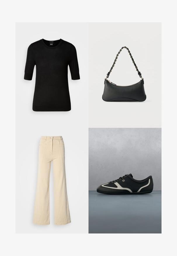 Sort T-shirt med korte ærmer lavet af fin merinould. Rund halsudskæring, slim fit, glat tekstur, minimalt design, ingen synlige mønstre eller accenter.; Beige vidde jeans med høj talje, forlommer og kontrasterende syninger, udstyret med en knaplukning og en glat bomuldsstruktur.; Sort sneakers med tekstureret læderoverdel, kontrasterende grå accenter, rund tå og flad sål. Har snørebånd og mærkelogo på siden.; Sort skuldertaske i læder med en buet rektangulær form, gyldent kæde vævet ind i en flettet sort rem og toplynlås.