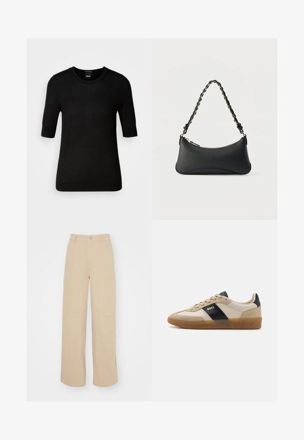 Zwarte short-sleeve trui gemaakt van fijne merino wol. Ronde halslijn, slim fit, gladde textuur, minimalistisch design, geen zichtbare patronen of accenten.; Beige flared broek gemaakt van katoen. Heeft twee grote voorkruiden en een metalen knoopsluiting bij de tailleband. Gladde textuur.; BOSS BRENTA - Sneakers laag - medium beige; Zwarte lederen schoudertas met een gebogen rechthoekige vorm, gouden ketting verweven in een gevlochten zwarte band, en een ritssluiting bovenop.