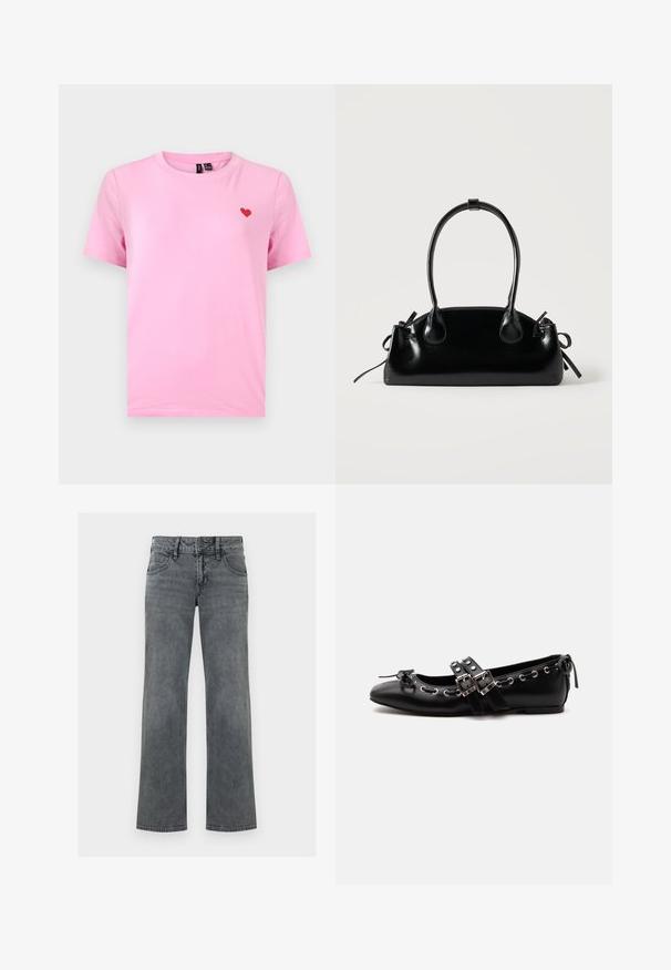 T-shirt rose à manches courtes avec col rond, portant un petit cœur rouge brodé sur le côté gauche de la poitrine.; Jeans en denim gris à jambe droite avec bouton frontal, fermeture éclair et cinq poches, présentés sur un fond blanc.; Chaussure de ballet plate noire avec doubles brides à boucle, œillets argentés et petit nœud près de l’orteil arrondi sur fond blanc.; Petit sac à main noir brillant avec deux longues anses et des détails à cordon sur les côtés sur un fond clair uni.