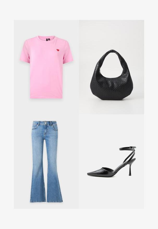 T-shirt rose à manches courtes avec col rond, portant un petit cœur rouge brodé sur le côté gauche de la poitrine.; Jean en denim bleu clair avec jambes évasées, deux poches devant et derrière, et une fermeture taille double bouton.; Escarpin noir à bout pointu avec fines brides de cheville et fermeture à boucle argentée sur fond clair uni.; Sac à main tissé noir avec une poignée courbée, présentant une surface texturée et une forme décontractée. Fini lisse avec une silhouette organique.