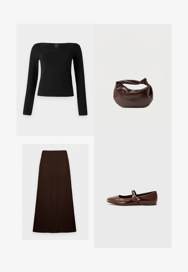 Haut noir à manches longues avec un décolleté carré, en tissu lisse, présentant un design ajusté et un ourlet droit. Étiquette visible à l'intérieur du décolleté.; Jupe marron foncé, longueur cheville, forme trapèze avec une texture lisse et unie et une taille ajustée sur un fond blanc uni.; Ballerine en cuir verni marron avec un bout carré et une lanière ornée d'une petite boucle dorée. Texture lisse, talon bas et design minimaliste.; Sac bandoulière en cuir marron foncé avec une forme souple et décontractée et une anse nouée torsadée sur un fond blanc uni.
