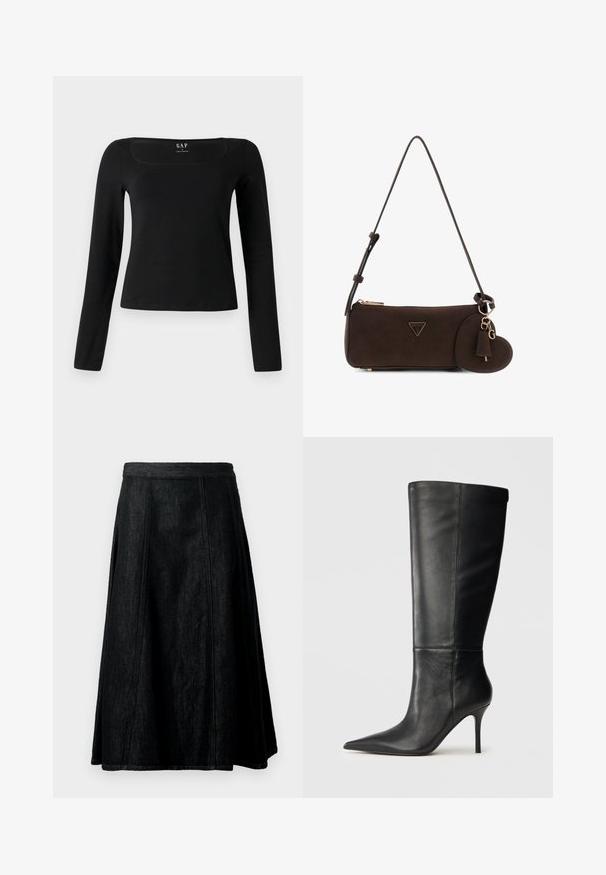 Top de manga larga negro con escote cuadrado, hecho de un tejido suave, con un diseño ajustado y un dobladillo recto. Etiqueta visible en el interior del escote.; Falda A-line de mezclilla negra con cintura ajustada, silueta fluida, costuras visibles y dobladillo hasta la rodilla. Sin bolsillos ni adornos.; Bota de cuero negro hasta la rodilla con puntera afilada y tacón de aguja delgado, textura suave, perfil lateral sobre fondo neutro.; Bolso de hombro rectangular de color marrón oscuro con correa ajustable, cremallera en tono dorado, logo de Guess y charm en forma de corazón unido con una llave y la letra G.