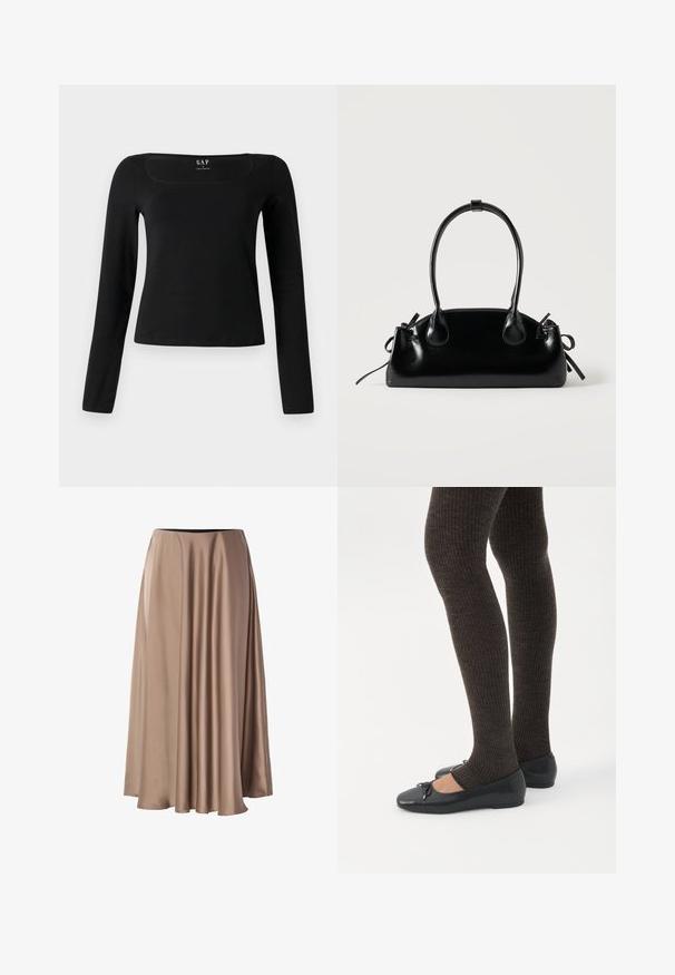 Top de manga larga negro con escote cuadrado, hecho de un tejido suave, con un diseño ajustado y un dobladillo recto. Etiqueta visible en el interior del escote.; Larga falda en línea A hecha de una tela suave y brillante en un color beige claro. Presenta una cintura elástica y un diseño drapeado y fluido.; Piernas con leggings oscuros acanalados combinados con bailarinas negras que presentan pequeños detalles de lazo sobre un fondo blanco.; Pequeño bolso negro brillante con dos asas largas y detalles de cordón lateral sobre un fondo claro liso.