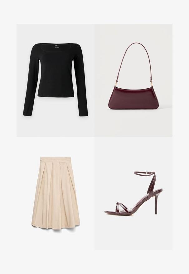 Haut noir à manches longues avec un décolleté carré, en tissu lisse, présentant un design ajusté et un ourlet droit. Étiquette visible à l'intérieur du décolleté.; Jupe midi beige avec taille haute et plis devant, silhouette évasée et tissu lisse.; Sandale à talon haut en cuir verni bordeaux avec fine bride à la cheville et brides croisées sur les orteils sur fond blanc.; Sac à main brillant bordeaux foncé avec une anse fine unique et une forme trapézoïdale élégante sur un fond clair uni.