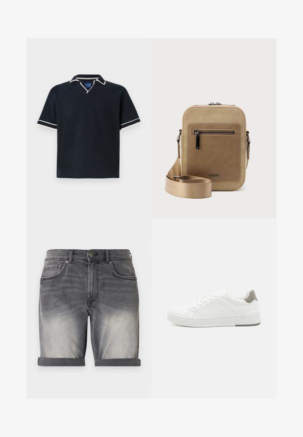 Marineblaues Poloshirt mit kurzen Ärmeln und V-Ausschnitt, weißem Rand an Kragen und Ärmeln, strukturiertem Material und geradem Saum. Blauer Markenetikett innen.; Denim-Shorts in einem verblassten Schwarz mit umgeschlagenem Saum, fünf Taschen und dezentem Wischen auf der Vorderseite. Klassischer Knopfverschluss.; Weißer Sneaker aus glattem Leder, runde Zehenpartie, minimalistisches Design, graue Fersenkante und strukturierte Gummisohle.; Kleine beige Umhängetasche mit vorderer Reißverschlusstasche, metallischem ALDO-Logo, verstellbarem breitem Riemen und abgerundeter rechteckiger Form vor weißem Hintergrund.