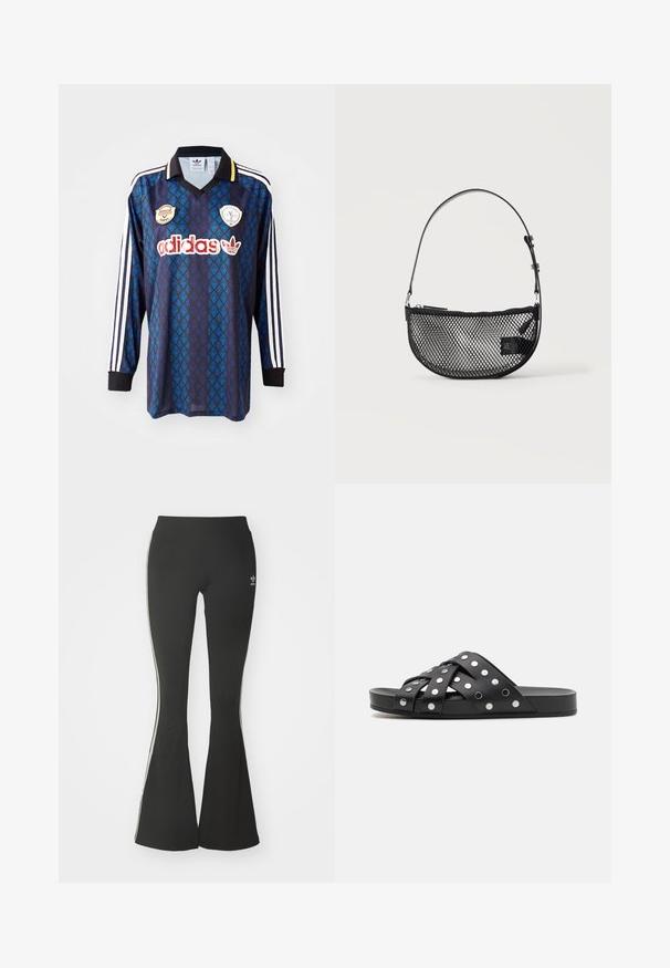 Adidas fodboldtrøje med lange ærmer i navy med blåt bladmønster. Har hvide stribe accenter, sort krave og dekorative mærker på forsiden.; Sorte flared leggings lavet af strækstof, med en høj talje og hvide sidestreger. Inkluderer lille logo ved taljen.; Sort slidesandal med krydsede stropper prydet med sølvnitter, flad sål og en glat lædertekstur.; Sort mesh halvmåne håndtaske med en kort justerbar læderrem og lynlåslukning på en ensartet lys baggrund.