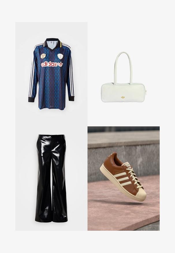 Adidas fodboldtrøje med lange ærmer i navy med blåt bladmønster. Har hvide stribe accenter, sort krave og dekorative mærker på forsiden.; Sorte bukser med vide ben lavet af blankt, glinsende materiale; har en glat tekstur og en skræddersyet talje uden synlige lukninger eller pynt.; Brun lædersneaker med beige accenter, der har en struktureret tåhætte, tre hvide striber på siden og cremefarvede snørebånd.; Hvid læderhåndtaske med to lange håndtag, rektangulær form, guldfarvet logoaccent og lyseblå piping langs kanterne. Lynlåslukning.