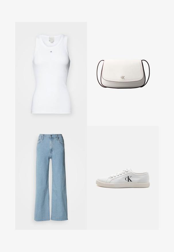 Hvid ribbet tanktop med rund halsudskærring og et lille "ck" logo. Fremstillet af strækbart materiale for en tætsiddende silhuet.; Lyseblå vidde jeans lavet af denim, med en tætsiddende talje, fem-lomme design og subtile syningsdetaljer.; Hvide lærreds sneakers med lavt design, med en gummisål og et sort "CK" logo på siden. Seks snorlukker med hvide snørebånd.; Hvid skuldertaske med klaplukning, lille sølv "cK" logo i midten og tynd, justerbar, mørkebrun rem.