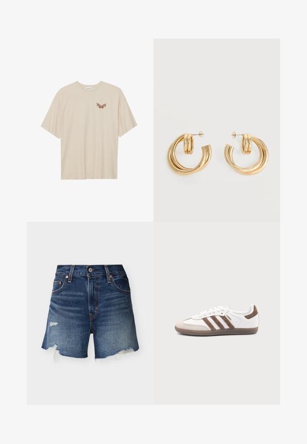 T-shirt en coton beige à manches courtes, avec un petit graphique marron d'ailes et le texte "SLEEPY CLUB" sur la poitrine.; Shorts en denim bleu avec bords effilochés et patchs usés sur un fond clair uni, vue de face.; Baskets Adidas Samba blanches avec des bandes en daim marron, semelle en caoutchouc marron et bout en daim beige, vues du côté extérieur sur un fond uni.; Paire de boucles d'oreilles créoles doubles en or brillant avec attaches à tige sur fond blanc.