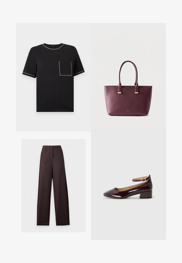 T-shirt noir à manches courtes avec des surpiqûres blanches contrastantes sur le col, les bords des manches et une poche avant sur la poitrine gauche.; Pantalon droit marron foncé avec passants pour ceinture, fermeture éclair à l'avant et poches latérales, présenté à plat sur un fond blanc.; Chaussure à talon bordeaux brillant avec un bout arrondi et une sangle à la cheville, posée sur un fond uni.; Sac fourre-tout en cuir violet foncé avec deux poignées et petit logo de marque doré sur le devant, posé sur un fond clair uni.