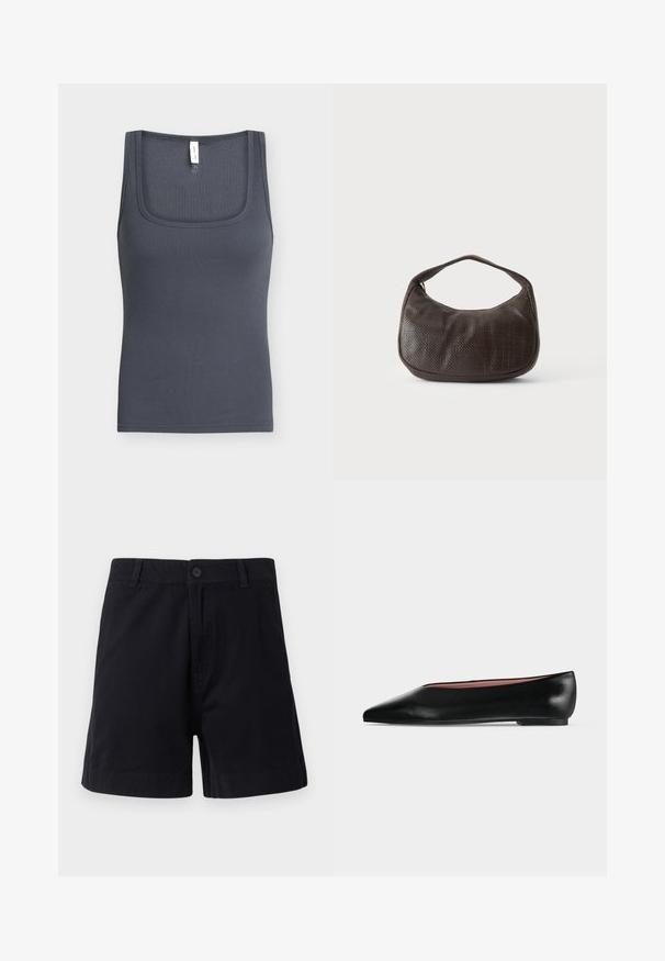 Débardeur côtelé gris foncé avec larges bretelles et encolure carrée, présenté sur un fond clair.; Shorts en coton bleu marine foncé avec une fermeture à bouton, des poches latérales et une coupe droite, présentant une texture lisse et un design épuré.; Chaussure plate en cuir noir pour femme, avec bout pointu et petit talon, vue de côté sur un fond gris clair uni.; Petit sac à main marron foncé texturé avec une courte bandoulière et un fond arrondi sur un fond clair uni.