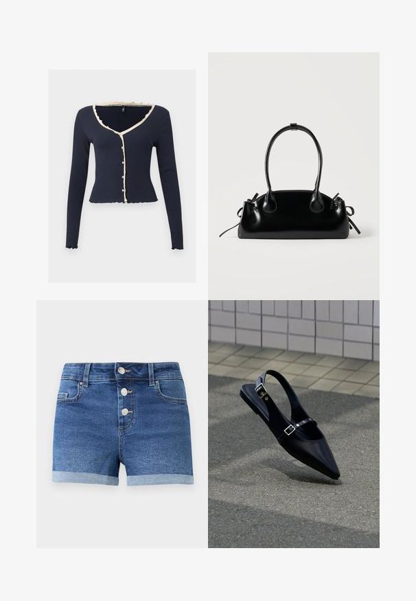 Cardigan court bleu marine à manches longues avec bordure beige à volants, col en V et boutons à l'avant sur fond clair uni.; Shorts en denim bleu avec trois boutons métalliques, ourlets roulés, passants pour ceinture et poches avant sur un fond blanc uni.; Mocassin noir à bout pointu et bride arrière, avec double boucle, posé sur un asphalt gris près d'un mur carrelé en arrière-plan.; Petit sac à main noir brillant avec deux longues anses et des détails à cordon sur les côtés sur un fond clair uni.
