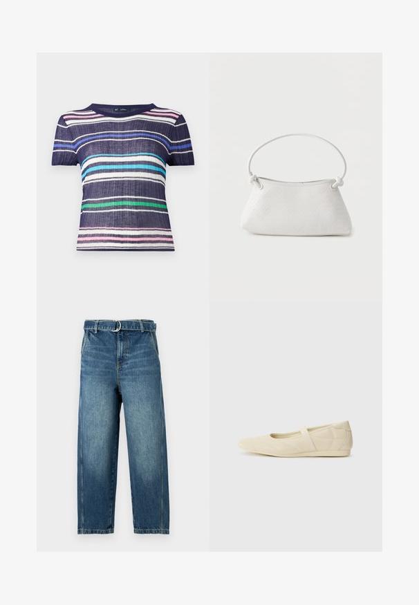 Chemise à manches courtes rayée comprenant des lignes bleu marine, rose, bleu clair, vert et blanc. Fabriquée en tissu texturé avec un col rond.; Jean en denim bleu avec une taille haute, des jambes larges et une ceinture avec un anneau en métal. Présente des décolorations et des effets d'usure subtils sur le tissu.; Ballerines beiges avec une exterior en cuir lisse, un bout en forme d'amande et une sangle élastique sur le coup de pied, avec des détails de couture subtils.; Sac à main en cuir tressé blanc avec poignée arrondie et extrémités de lanière nouées, présenté sur un fond uni.