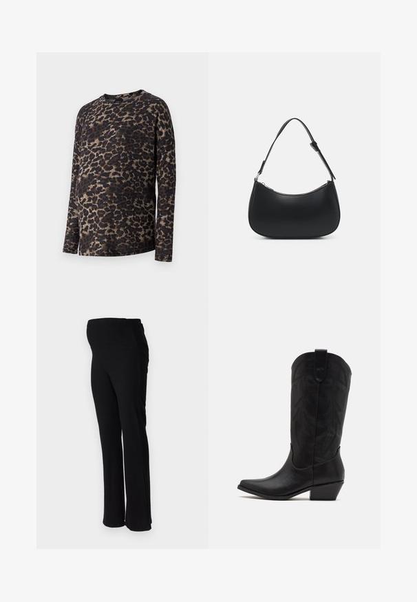 Top de manga larga con estampado de leopardo, presenta un escote redondo y una tela suave. Los colores predominantes son el negro y el marrón con acentos en beige claro.; ONLY MATERNITY OLMHALLE - Pantalones - black; Bota de cowboy de cuero negro con puntera puntiaguda, tacón bajo y apilado, y un intrincado patrón de hojas grabado en el eje. Asa en la parte superior para facilitar el uso.; Pieces PCALUANA SHOULDER BAG - Bolso de mano - black