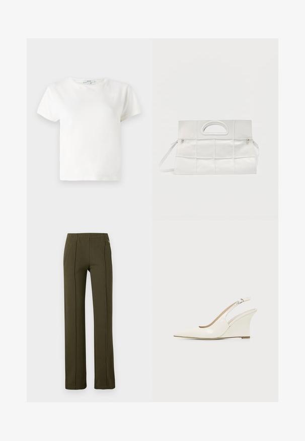 T-shirt en coton blanc à manches courtes, col rond et coupe décontractée. Étiquette visible au niveau du col, texture lisse. Design simple, sans motifs.; Pantalon droit vert olive avec taille élastique et détails de couture à l’avant, présenté sur un fond uni.; Chaussure compensée blanche en cuir verni avec bout pointu et bride ajustable à boucle sur fond uni.; Sac à main rectangulaire blanc avec un motif en cuir tissé, poignée découpée en haut et bandoulière amovible sur un fond uni.