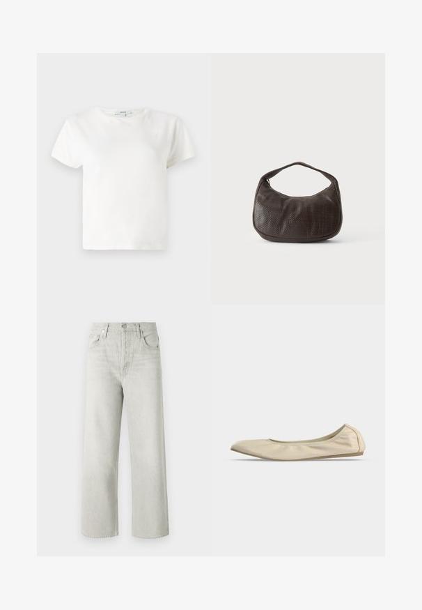 T-shirt en coton blanc à manches courtes, col rond et coupe décontractée. Étiquette visible au niveau du col, texture lisse. Design simple, sans motifs.; Jeans large en denim gris clair, dotés d'une taille haute, de poches avant et d'une fermeture à bouton et glissière.; Ballerine beige en cuir souple avec bout arrondi, profil latéral bas et semelle fine en caoutchouc sur fond blanc uni.; Petit sac à main marron foncé texturé avec une courte bandoulière et un fond arrondi sur un fond clair uni.