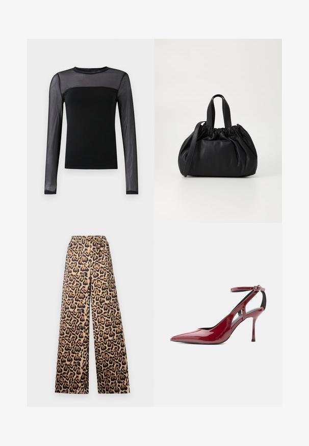 Haut noir à manches longues avec un corps uni et des manches en maille transparente, avec un col rond et une coupe ajustée.; Pantalons larges en imprimé léopard beige et noir, dotés d'une taille élastique et d'une texture douce.; Chaussure à talon haut en cuir verni rouge avec bout pointu, bride de cheville et boucle, présentée de profil sur fond blanc.; Sac à main en cuir noir avec un design à haut froncé, doté de deux poignées courtes et d'une bandoulière longue et réglable. Texture lisse, forme arrondie.
