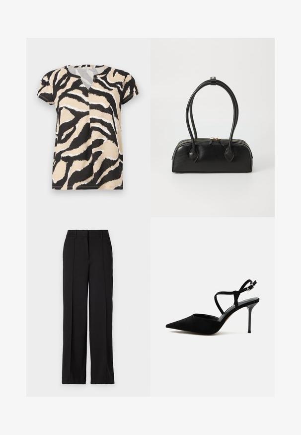 T-shirt à manches courtes avec un décolleté en V, présentant un imprimé zèbre abstrait noir, beige et blanc sur un tissu doux. Coupe décontractée.; Pantalons noirs à jambe droite, dotés de deux plis avant, d'une taille et sans poches ni embellissements visibles.; Chaussure à talon haut noire à bout pointu avec talon stiletto fin et fines lanières à la cheville avec boucle argentée sur fond blanc.; Sac à main en cuir noir avec deux anses allongées, fermeture éclair et forme arrondie ; texture lisse avec une finition légèrement brillante.