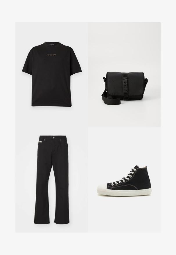 Schwarzes T-Shirt mit kurzen Ärmeln und Rundhalsausschnitt, mit dem „MICHAEL KORS“-Logo in kleinem goldfarbenem Text auf der Brust zentriert.; Schwarze Baumwollhose mit geradem Bein, mit einem Frontknopfverschluss, zwei seitlichen Taschen und einem kleinen Markenetikett am Bund.; Schwarze High-Top-Sneaker aus Canvas mit weißer Gummisohle und Zehenkappe. Mit weißen Schnürsenkeln und kontrastierenden Nahtdetails.; Schwarze Nylon-Crossbody-Tasche mit Klappe, ausgestattet mit einem auffälligen Logo-Gurtverschluss, verstellbarem Tragegurt und seitlichen Steppnähten.