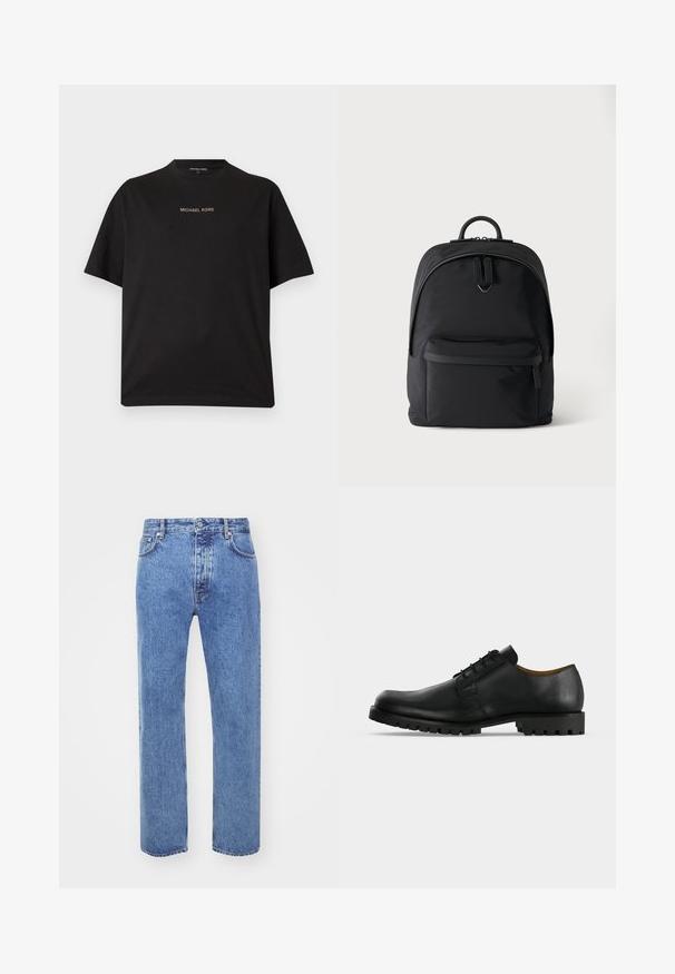 Mustast lühikeste varrukatega ümmarguse kaelusega T-särk, mille rinnal on keskel väike kuldne tekstiga "MICHAEL KORS" logo.; Won Hundred STEVE - Avar lõikega teksad - cut blue; Must nahast paeltega ametlik king, millel on paks sooneline tald ja madal konts, esitatud valgel taustal.; Must seljakott esiküljel lukuga tasku, kahe lukuga põhiosa ja väikese metallist logoga põhiosa tõmblukkude all.