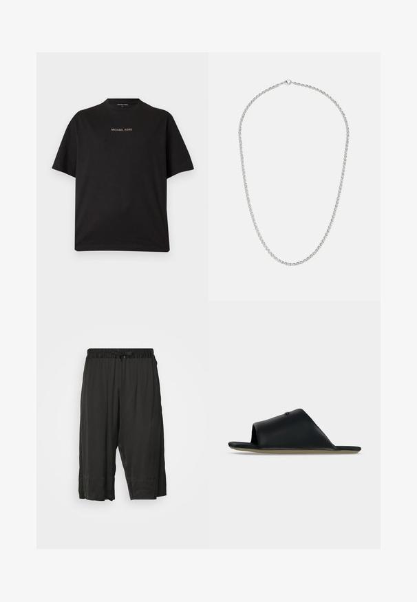Schwarzes T-Shirt mit kurzen Ärmeln und Rundhalsausschnitt, mit dem „MICHAEL KORS“-Logo in kleinem goldfarbenem Text auf der Brust zentriert.; Schwarze, kurz geschnittene Hosen mit einem elastischen Bund und einer Kordel. Hergestellt aus einem glatten, leichten Stoff mit Seitennähten für eine lässige Passform.; Schwarze offene Leder-Slides mit breitem Riemen und flacher beiger Sohle, seitlich auf hellgrauem Hintergrund gezeigt.; Maple BAR CURB CHAIN - Halskette - silver coloured