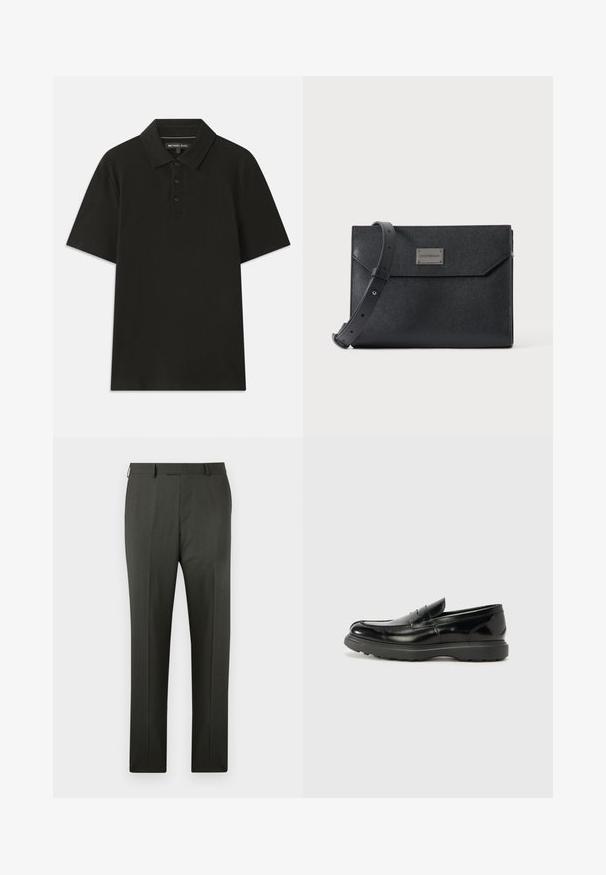 Polo negro hecho de tejido texturizado. Cuenta con una tapeta de tres botones y un cuello estándar. Mangas cortas y dobladillo recto.; Pantalones de vestir para hombre a medida de color gris oscuro con trabillas para cinturón y pliegue frontal, mostrados sobre un fondo blanco.; Mocasín de cuero negro con un acabado brillante, punta redondeada, detalles de costura sutiles y una suela de goma gruesa para mayor durabilidad.; Bolso bandolera de cuero negro texturizado con correa ajustable y placa metálica con logo en el frente, cierre de solapa rectangular estilo sobre.