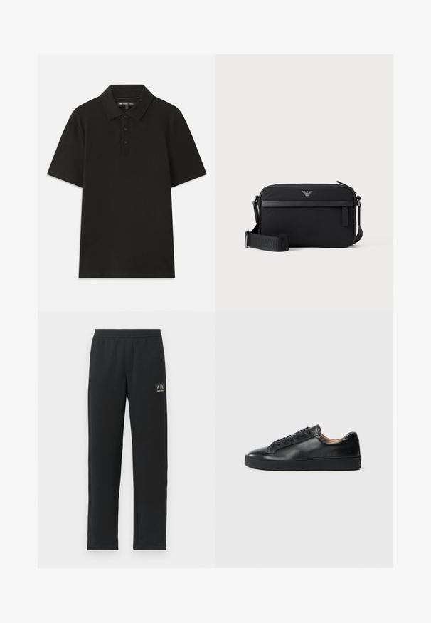 Polo negro hecho de tejido texturizado. Cuenta con una tapeta de tres botones y un cuello estándar. Mangas cortas y dobladillo recto.; Pantalones de chándal negros de pierna recta con cintura elástica y logotipo negro en el muslo izquierdo superior.; Zapatilla negra de cuero con una textura suave, puntera redonda y cierre de cordones. Presenta una suela de goma gruesa y un detalle de marca mínimo.; Bolso bandolera rectangular negro con bolsillo frontal con cremallera, correa ajustable y pequeño logo metálico en el centro superior.