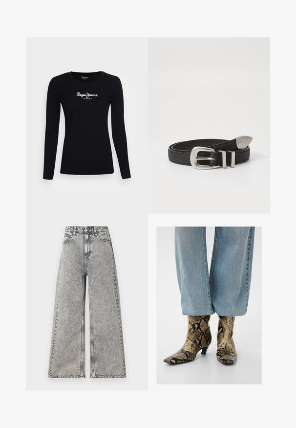 Sort langærmet T-shirt lavet af bomuld, med rund halsudskæring og hvidt "Pepe Jeans LONDON" logo i midten.; Vidde jeans i falmet sort denim med høj talje, klassisk fem-lomme design og synlige syninger.; Blå denimjeans, der delvist dækker spidsede ankelstøvler med lav hæl og brunt og sort slangeskinmønster.; Sort læderbælte med en sølvfarvet metalspænde og dobbelt løkke detaljer, der har en tekstureret overflade og en spids ende for en sikker pasform.