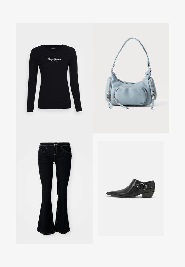 Musta pitkähihaista T-paitaa, joka on valmistettu puuvillasta. Paidassa on pyöreä kaula-aukko ja keskellä valkoinen "Pepe Jeans LONDON" -logo.; Farkut, joissa on leveälahkeinen malli ja tummansininen pesu, korkea vyötärö, etu- ja takataskut sekä kontrastivärinen keltainen tikkaus saumoissa.; Mustat nahkakengät nilkkamittaisilla kärjillä, joissa on etupuolella nahkavöitä ja hopeiset soljet, sekä matala, lohkarekorko.; Vaaleansininen nahkalaukku, jonka muoto on pyöreä. Laukussa on kaksi vetoketjullista taskua, lyhyt kahva ja hopeanväriset yksityiskohdat. Pinta on sileä.