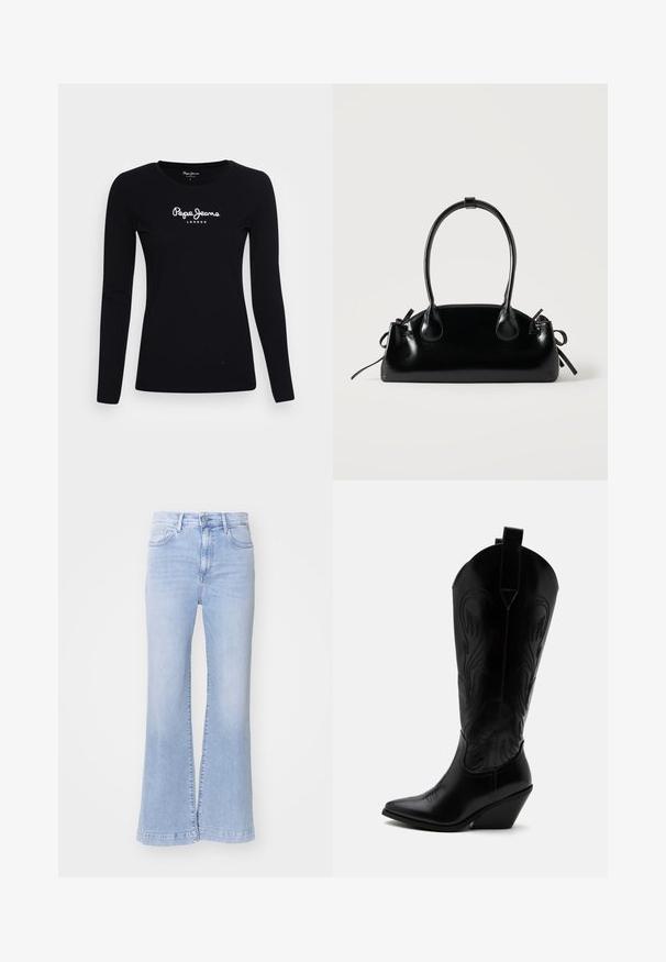 Sort langærmet T-shirt lavet af bomuld, med rund halsudskæring og hvidt "Pepe Jeans LONDON" logo i midten.; Lysblå flagrende jeans med høj talje, denimtekstur, forlommer og knaplukning. Ren afslutning ved kanten.; Sort læder cowboystøvle med spidst tåparti, skråt blokhælhæl, dekorative sømme og trækstropper øverst mod hvid baggrund.; Lille sort blank håndtaske med to lange håndtag og snøre-detaljer i siden på en ensfarvet lys baggrund.