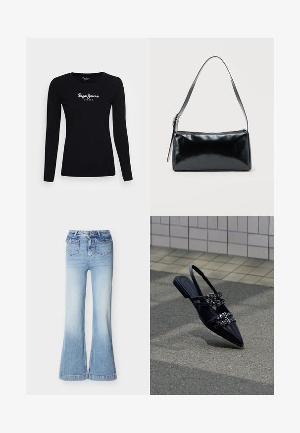 Čierne tričko s dlhým rukávom vyrobené z bavlny, s okrúhlym výstrihom a bielym logom "Pepe Jeans LONDON" v strede.; Džínsové nohavice svetlomodrej farby s vysokým pásom, širokými nohavicami, dvomi prednými vreckami s klopami a gombíkmi a zapínaním na gombík a zips.; Čierna plochá sandála so špicatou špičkou, viacerými prackovými remienkami a pásikom na päte, umiestnená nad spevneným povrchom a dlaždicovou stenou v pozadí.; Čierna obdĺžniková kabelka na rameno s jedným nastaviteľným remienkom a horným zipsom na jednofarebnom pozadí.