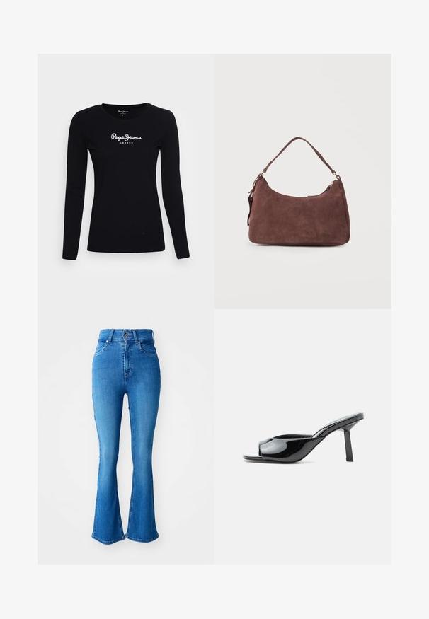 T-shirt noir à manches longues en coton, avec un col rond et un logo blanc "Pepe Jeans LONDON" au centre.; Jean en denim bleu taille haute avec bas évasés, comprenant une fermeture à deux boutons, cinq poches et une finition lisse et texturée.; Mule ouverte à orteils noirs brillants avec un talon carré mi-haut et une bride incurvée sur le devant, sur fond blanc.; Sac bandoulière en daim marron avec une anse unique et une fermeture éclair, présenté sur un fond clair uni.