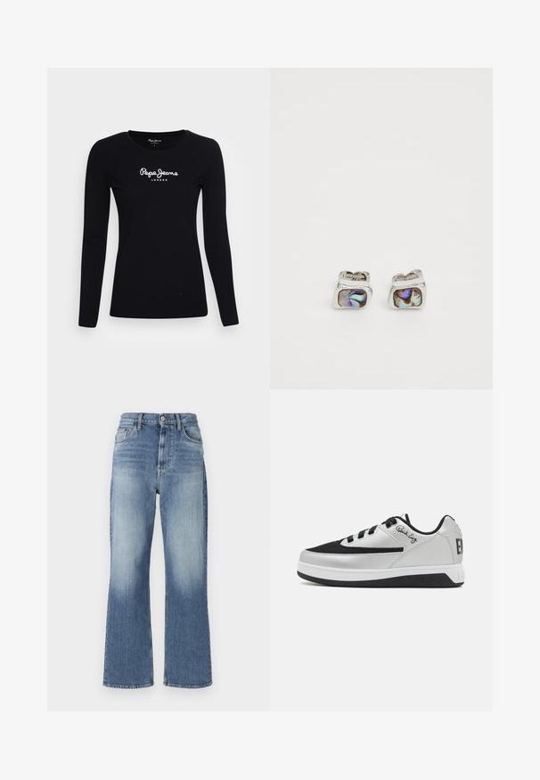 Sort langærmet T-shirt lavet af bomuld, med rund halsudskæring og hvidt "Pepe Jeans LONDON" logo i midten.; Lyseblå denim bukser med brede ben og høj talje, med forlommer og subtil fading; lige afslutning med opsmøg. Ingen synlige dekorationer.; Sort og sølv atletisk sko med en tekstureret overdel, hvid mellemsål, sort ydersål og snørebånd. Har logo detalje på siden.; Sølv manchetknapper med rektangulære iriserende abalone skaller i indlæg på en enkel hvid baggrund.