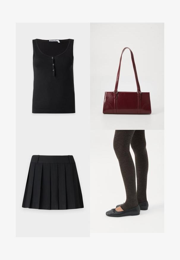 Débardeur noir sans manches avec encolure dégagée et trois petits boutons au centre devant. L'étiquette indique "WEEKDAY."; Jupe plissée noire avec une taille sur mesure, fabriquée à partir d'un tissu léger. Présente des plis régulièrement espacés et un design simple et épuré.; Jambes portant des leggings côtelés foncés associés à des ballerines noires avec de petits détails en nœud sur fond blanc.; Sac à main bordeaux en matériau brillant, de forme rectangulaire, avec deux anses et des accents légèrement courbés à l'avant.