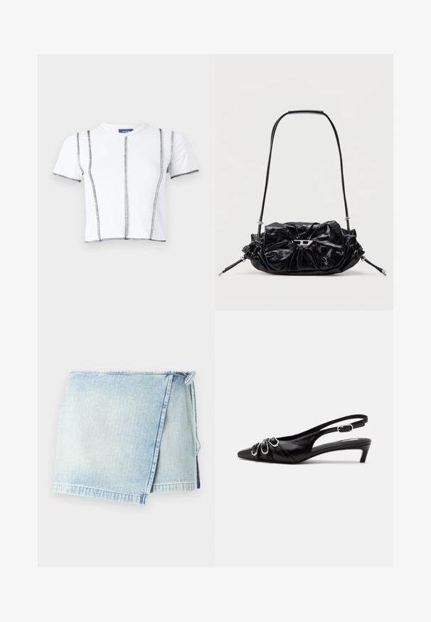 Camiseta blanca de manga corta con costuras negras, con un diseño recortado y líneas de costura visibles. Material de algodón suave, cuello redondo.; Falda tipo envolvente de denim azul claro con un dobladillo deshilachado, que cuenta con un cierre de lazo en un costado. La tela tiene una textura desgastada y desvaída.; Zapato slingback de cuero negro con punta puntiaguda, tres hebillas plateadas en la parte delantera y tacón bajo tipo «kitten» sobre fondo blanco.; Bolso de mano de cuero negro con diseño fruncido y detalle de lazo en la parte frontal. Cuenta con un asa corta y detalles metálicos en color plata.