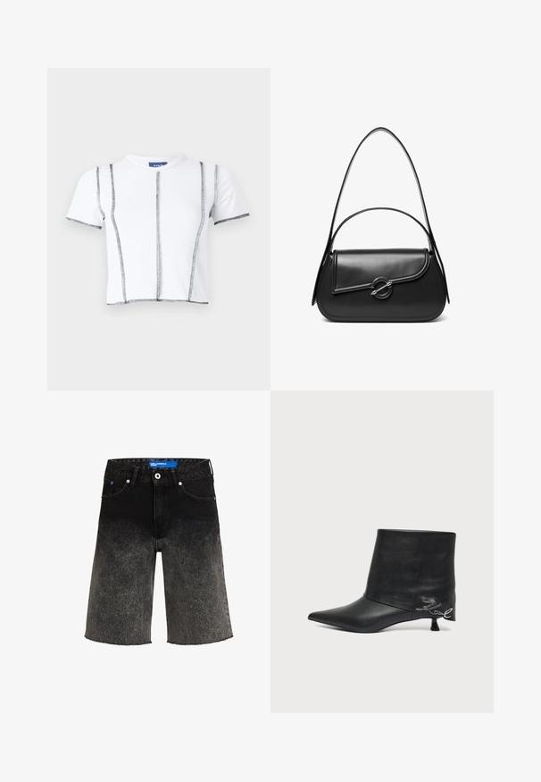 Camiseta blanca de manga corta con costuras negras, con un diseño recortado y líneas de costura visibles. Material de algodón suave, cuello redondo.; Shorts de mezclilla negra con un desvanecimiento de oscuro a claro. Con un dobladillo deshilachado, dos bolsillos frontales y una etiqueta de marca azul en la cinturilla.; Botín negro de piel con puntera puntiaguda, tacón bajo tipo «kitten» y detalle de escritura plateada cerca del talón.; Bolso de hombro de cuero negro con una solapa curva asegurada por un broche metálico redondo y una correa delgada y ajustable.