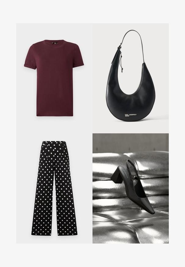Bordeaux T-shirt van zachte katoen, met een ronde hals, korte mouwen en een relaxte pasvorm, met een gladde textuur en zonder zichtbare patronen.; Zwarte brede pijpen broek met witte polka dots, hoge taille en een tailleband met knopen.; Zwarte slingback hak met een puntige neus, voorzien van een getextureerd oppervlak en een stevige blokhak. Geplaatst tegen een glanzende, metallic achtergrond.; Zwarte halve maanvormige leren schoudertas met dunne riem en zilveren rits, met zilveren "KARL LAGERFELD JEANS" logo aan de voorkant.