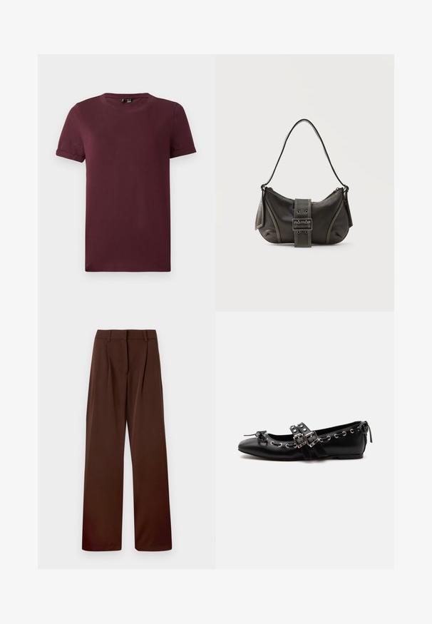 T-shirt bordeaux en coton doux, doté d'un col rond, de manches courtes et d'une coupe décontractée avec une texture lisse et sans motifs visibles.; Pantalons évasés d'une riche couleur marron, fabriqués en tissu lisse avec un devant plat, deux plis et des passants de ceinture à la taille.; Chaussure de ballet plate noire avec doubles brides à boucle, œillets argentés et petit nœud près de l’orteil arrondi sur fond blanc.; Sac à épaule en cuir noir avec une sangle à boucle, des bords arrondis et des coutures blanches contrastées sur un fond uni.