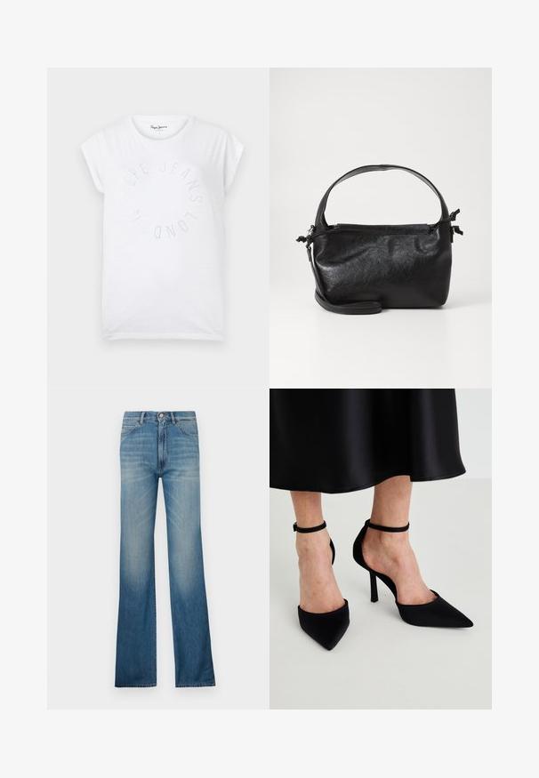 Hvid bomulds t-shirt med rund halsudskæring og korte ærmer. Har et cirkulært tekstdesign i små prikker, der læser "Pepe Jeans London."; Blå denim flared jeans med lys vask, der har traditionel fem-lomme stil og knaplukning. Lige pasform.; Sorte spidse hæle lavet af glat stof med en stiletto hæl og en smal ankelrem, der har et åbent sideskud.; Sort læderhåndtaske med et struktureret design, rund tophåndtag og aftagelig skulderrem. Den har en glat tekstur og en subtil glans.